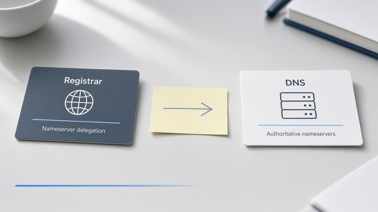 Registrar and DNS cards with an arrow between them — nameserver cutover metaphor