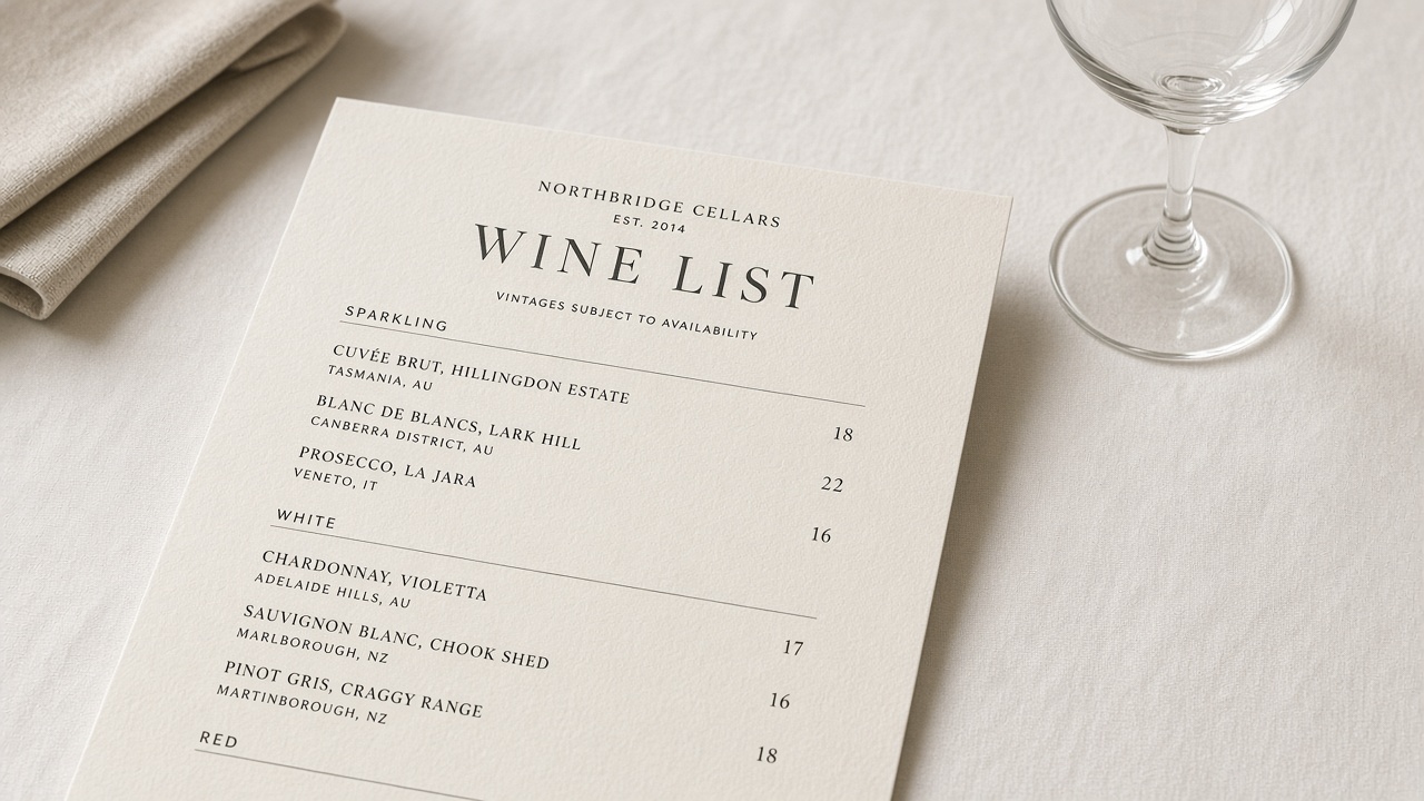 Paper wine list on a tablecloth beside an empty glass stem