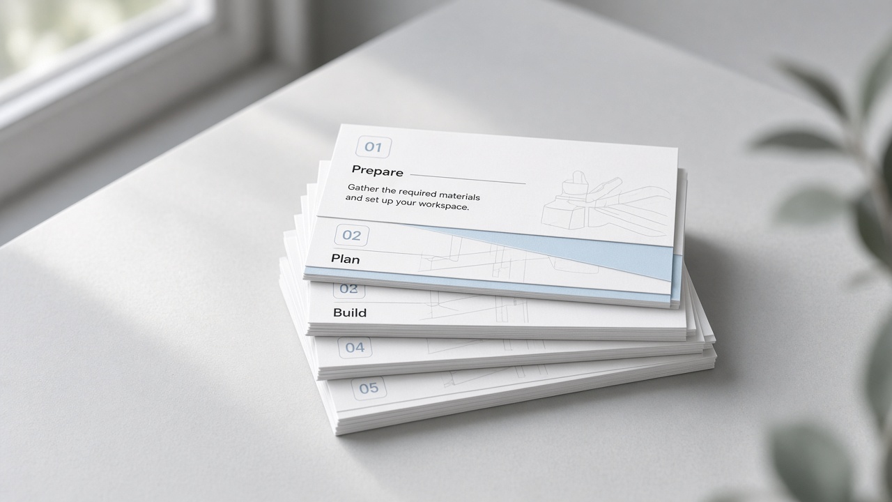 Stack of numbered step cards on a light desk — how-to index